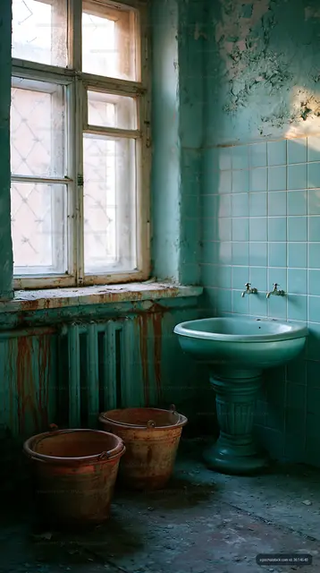 Old bathroom with turquoise tiles and buckets on the floor