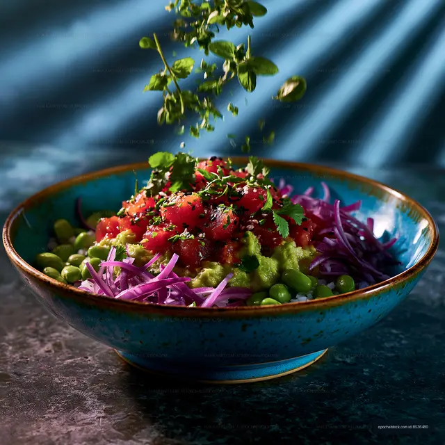 Fresh salad bowl with tomato, onion, and herbs on dark background