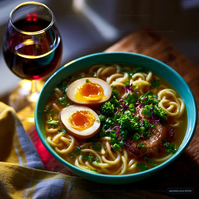 Warm bowl of ramen with soft-boiled eggs and red wine beside it