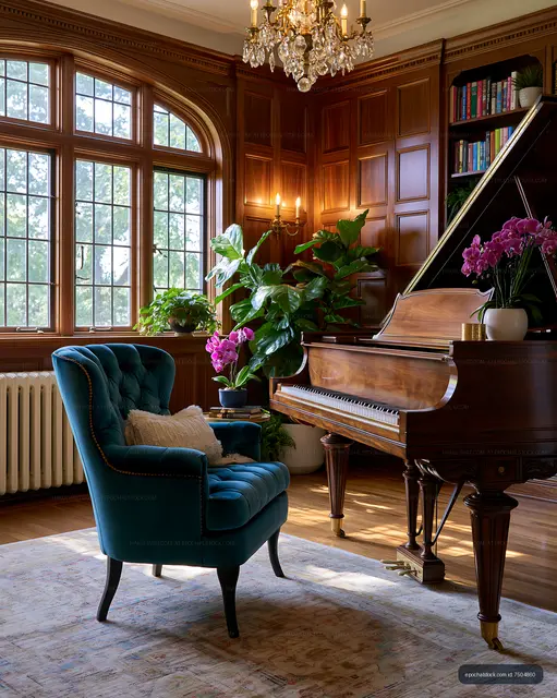 Cozy living room with a grand piano and lush plants