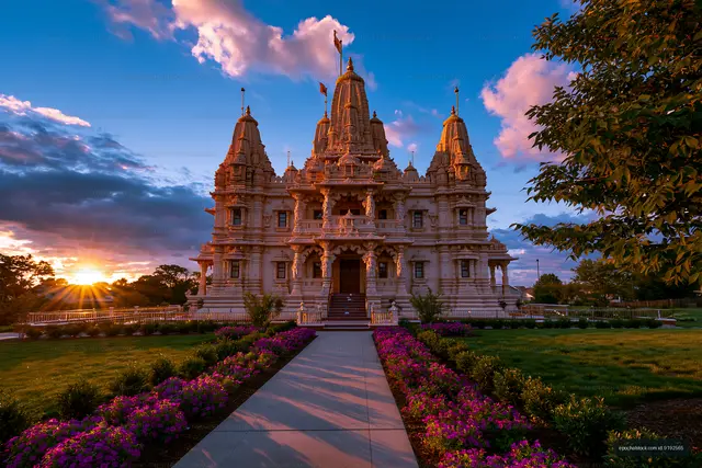 Sunset at a temple with flowers and pathways in a garden