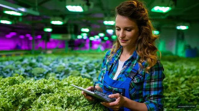 Woman using tablet in green house filled with lettuce plants