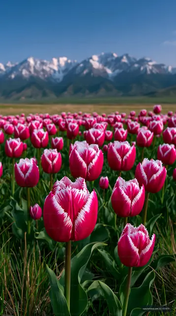 Bright tulip field with mountains in the background