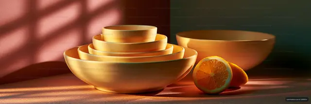 Warm bowls arranged with sliced fruit on a table