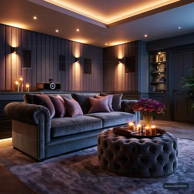 Cozy living room with sofa and soft lighting in modern design