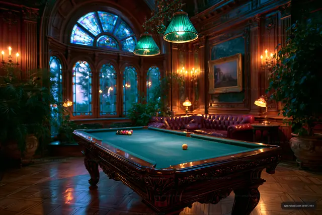 Elegant interior with a billiards table and vintage decor