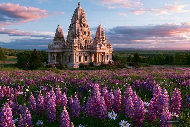 Lupines bloom near temple at sunset in peaceful environment