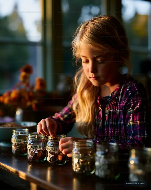 Girl sorting coins in jars at home during golden hour