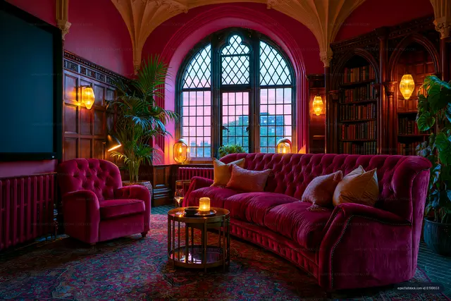 Cozy seating area in a richly decorated room at sunset