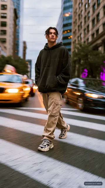 Young man crossing street in urban setting during twilight