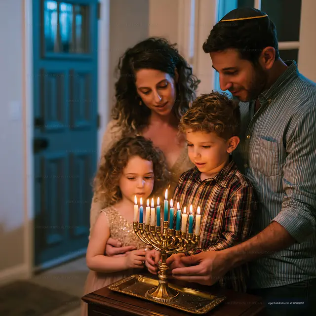 Family gathers around menorah during candle lighting ceremony