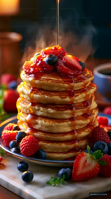 Stack of pancakes with fruit and syrup on a wooden table