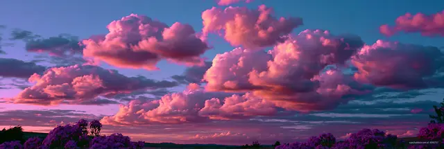Colorful sunset clouds above flowers in the evening sky
