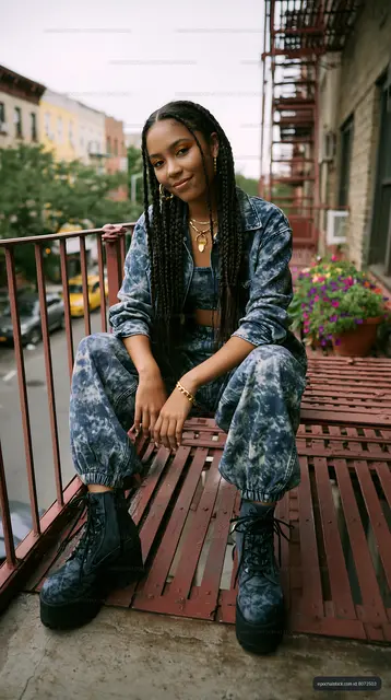 Woman sitting on balcony in urban setting with stylish outfit