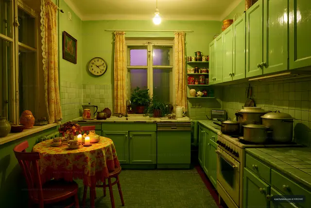 Cozy green kitchen with a dining table and warm lighting