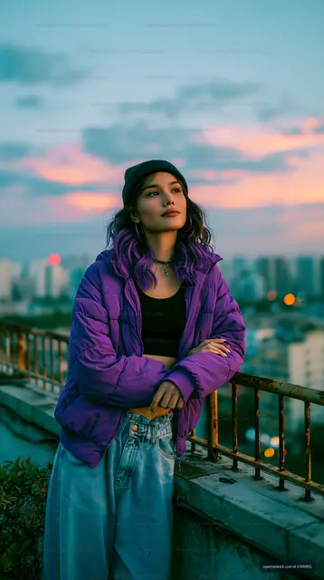 Woman in purple jacket poses on rooftop during sunset