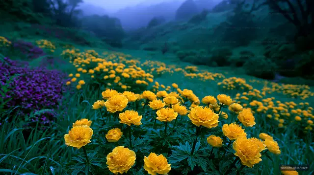 Yellow flowers bloom in a green valley during early morning