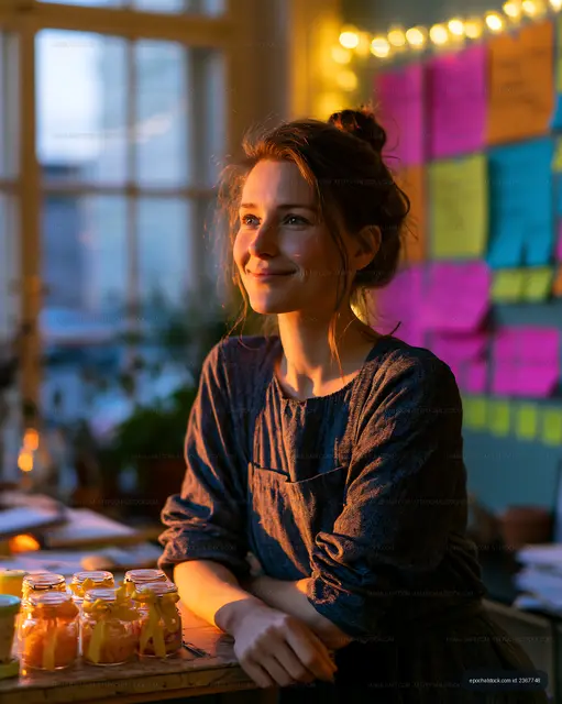 Woman smiling in a cozy room with jars on a table