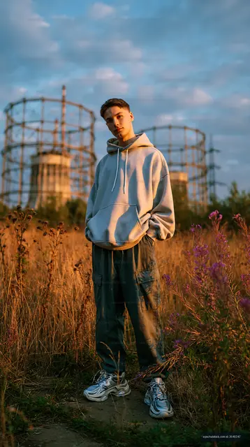 Young person standing in a field near industrial structures at sunset