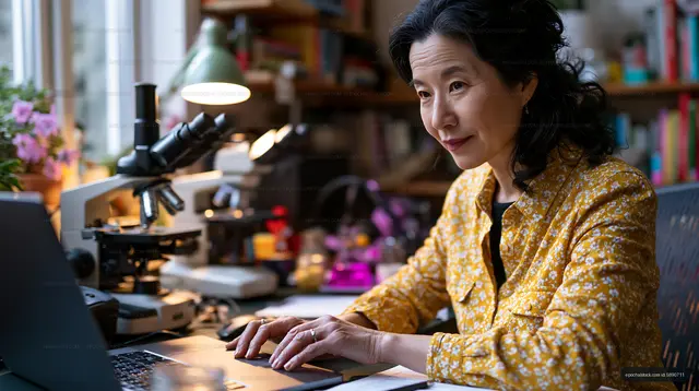 Woman working on a laptop in a home office