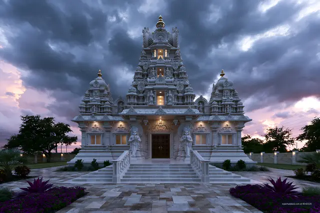 Temple with intricate architecture under cloudy sky at dusk