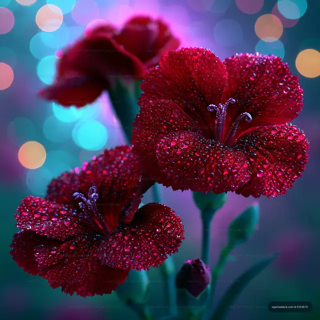 Close-up view of red flowers with water droplets on petals