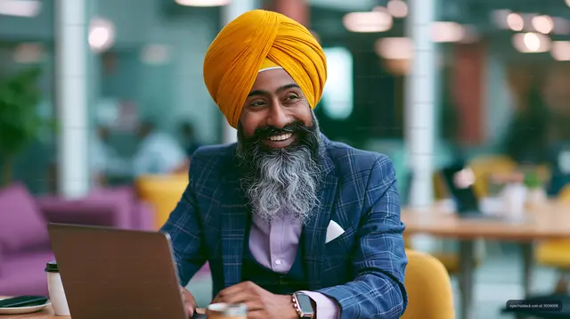 Businessman with beard and turban working on laptop at office