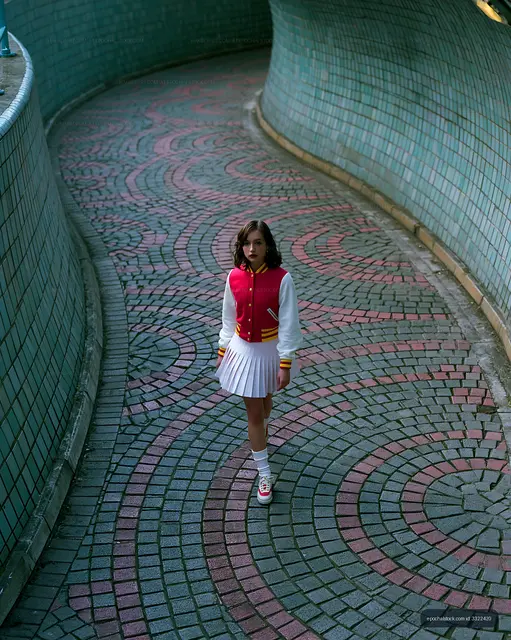 Girl in a vintage jacket walking on a colorful pathway