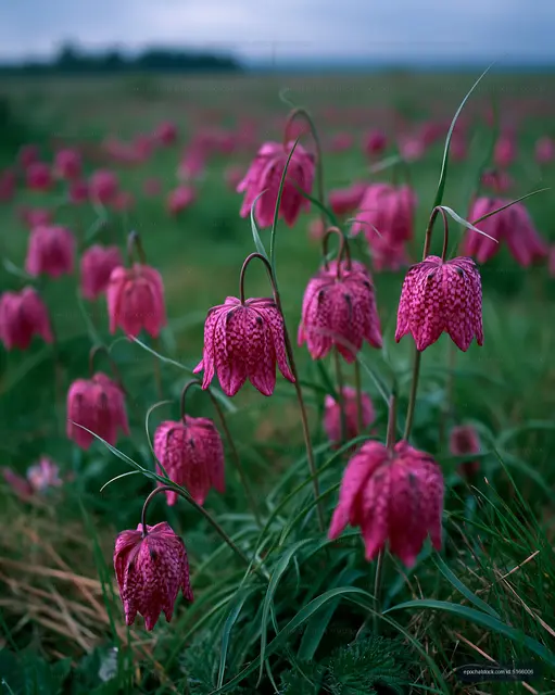 Field of pink bell-shaped flowers in the green meadow