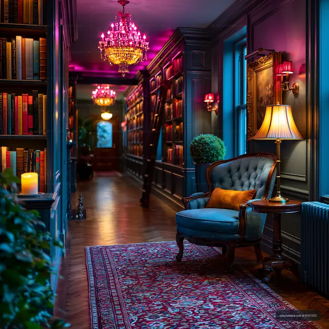 Cozy hallway with bookshelves and decorative lighting