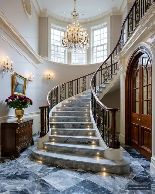 Elegant staircase in a grand entryway with chandelier
