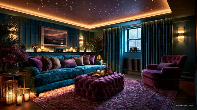 Cozy living room with blue walls and stylish decor at night