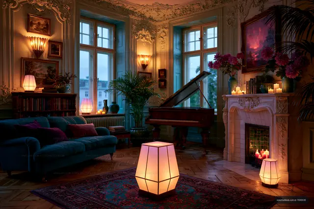 Cozy room with piano, plants, and soft lighting at dusk