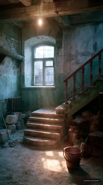 Old staircase in an abandoned building with light coming through