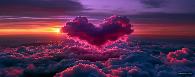 Colorful heart-shaped clouds at sunset over the horizon