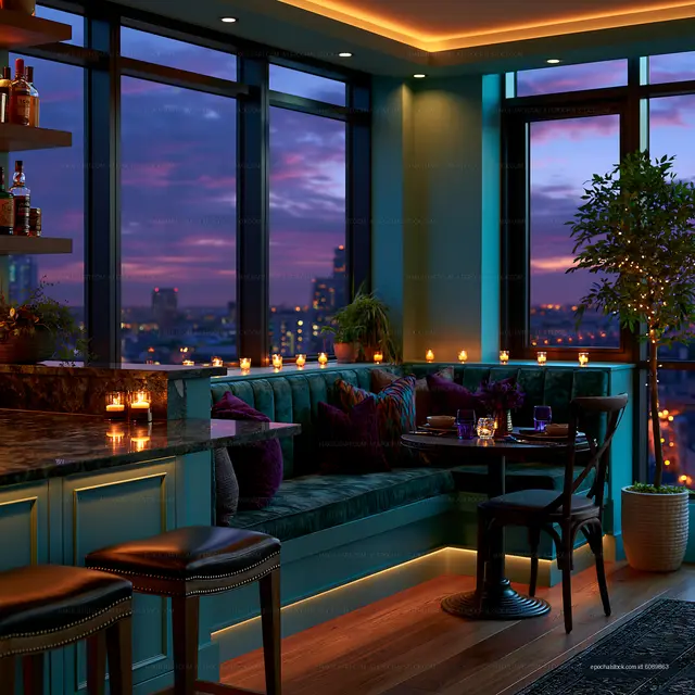 Cozy bar interior with city view at sunset