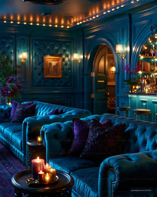 Cozy seating area with blue tones and dim lighting in a bar