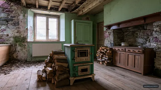 Old rustic kitchen with wood stove and firewood stacked