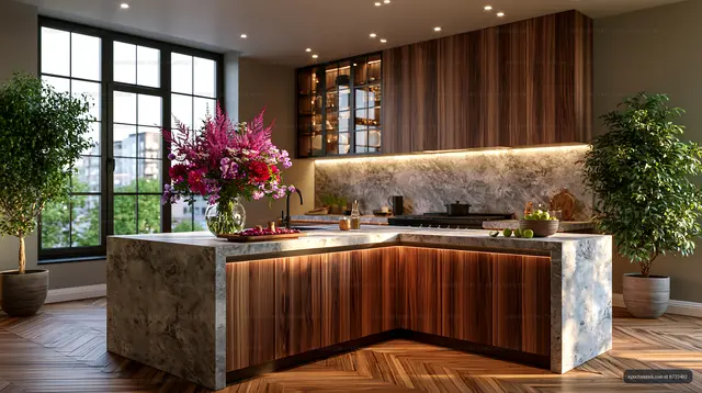 Modern kitchen interior with wooden cabinets and floral centerpiece