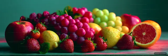 Colorful assortment of fresh fruits on a wooden table