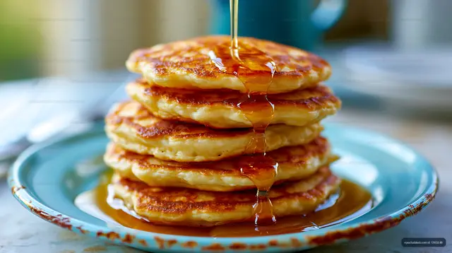 Stack of pancakes with syrup on a blue plate in a kitchen