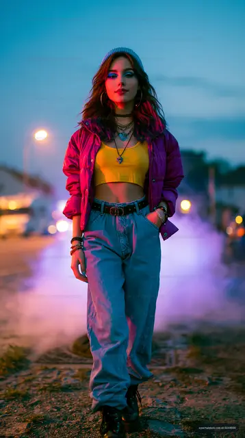 Young woman walking on street with smoke at dusk
