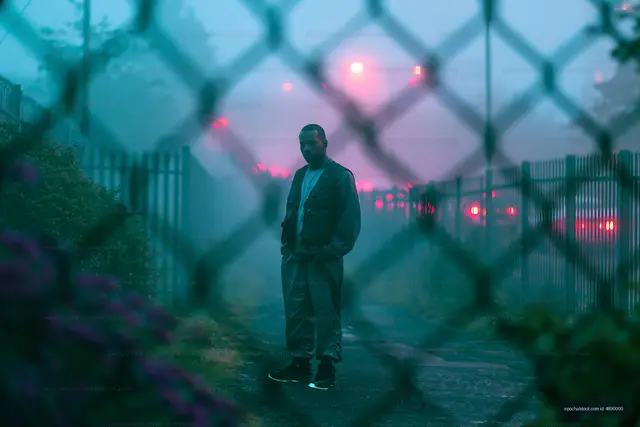 Man standing behind a fence in fog with urban lights