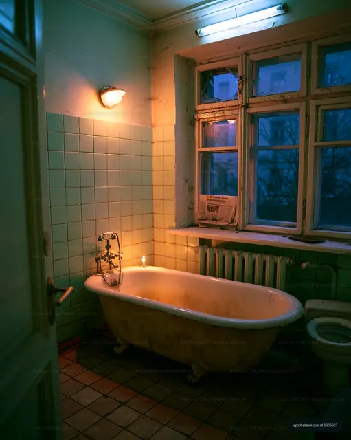 Old bathroom with a bathtub and candle lighting at dusk
