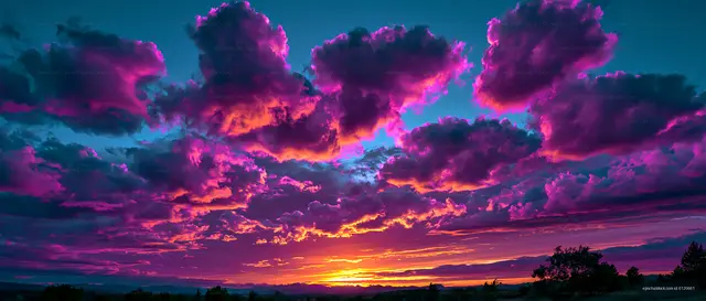 Vibrant sunset with colorful clouds over a vast landscape