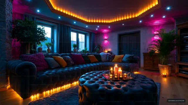 Cozy living room with colorful ambient lighting and candles