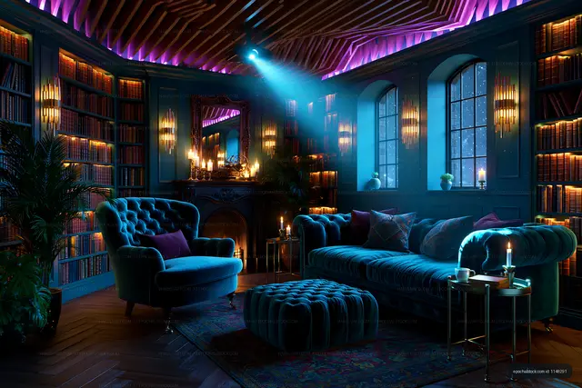 Cozy living room with bookshelves and ambient lighting