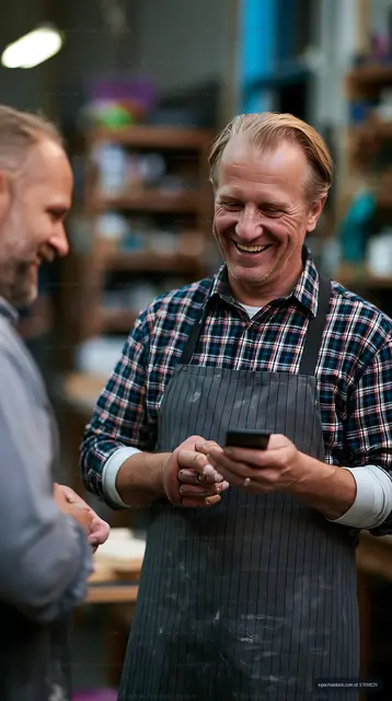 Two men talking and laughing while looking at a phone