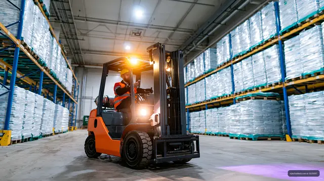 Forklift operating in a large warehouse with stacked pallets