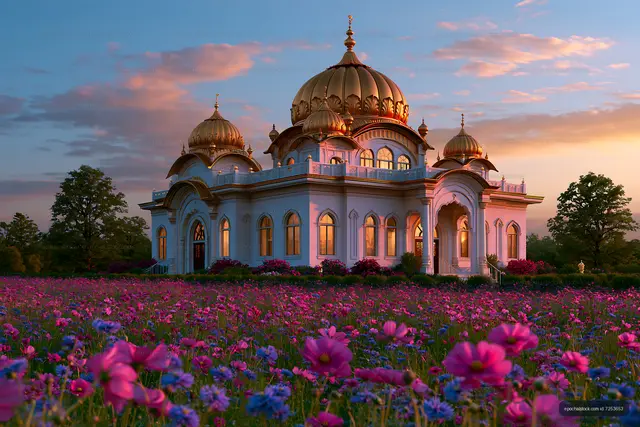 Colorful flowers surround a grand building during sunset